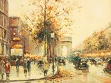 painting of a street scene with people walking and cars on the road