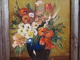 a painting of flowers in a blue vase on a table