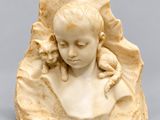 marble bust of a child with a bird on her shoulder