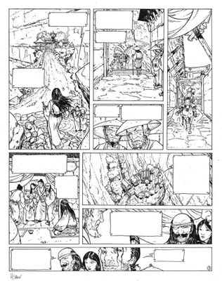 une page de bande dessinée comportant une illustration en noir et blanc représentant un groupe de personnes