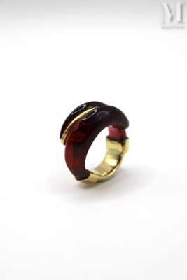 an image of a red and gold ring on a white surface