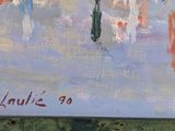a painting of people walking in the rain with umbrellas
