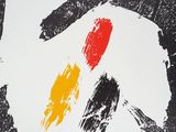 an image of a black and white painting with a red and yellow circle