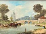 un tableau représentant une scène fluviale avec des bateaux sur l'eau