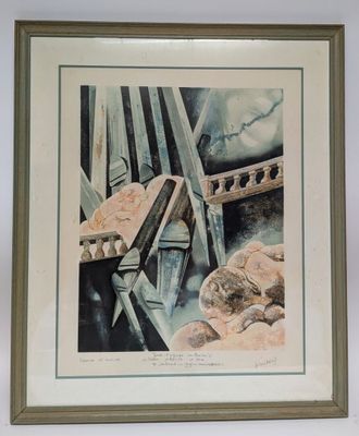 framed watercolor painting of a train crossing a bridge over a river