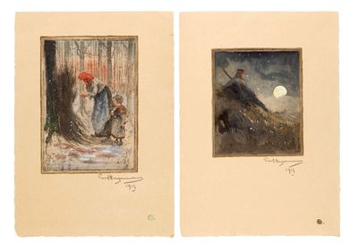 deux tableaux représentant une femme et un homme marchant sous la pluie