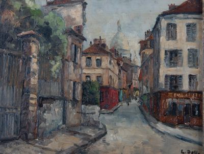 tableau représentant une scène de rue avec des bâtiments et une tour horloge au loin