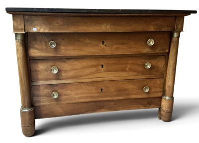 a wooden chest of drawers with a marble top on a white background