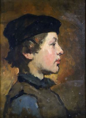 une peinture à l'huile représentant un jeune garçon coiffé d'un chapeau noir