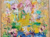 a painting of a painting of a pond with people in it