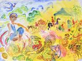 une aquarelle représentant une femme à vélo
