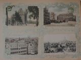 four pictures of a city with a clock in the middle