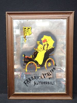tableau représentant une voiture d'époque avec un parapluie jaune, dans un cadre en bois