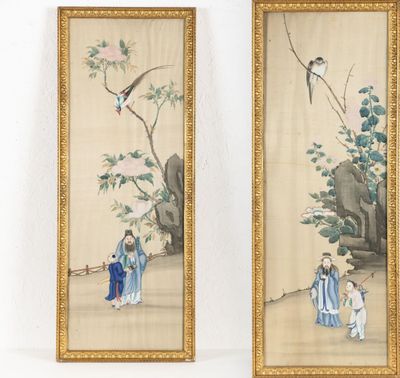 paire de peintures chinoises représentant des oiseaux et des personnages dans un jardin