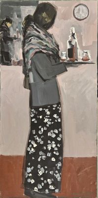 a painting of a woman standing in front of a counter