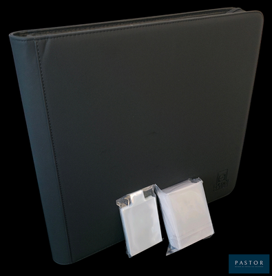 a picture of a black folder with two clips attached to it
