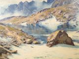 a painting of a mountain scene with a river in the foreground