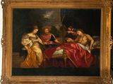 an image of a painting of a man and two women in a bed