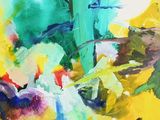 une peinture abstraite représentant des fleurs dans un vase posé sur une table