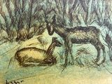 dessin représentant un cheval et un chien dans un champ d'herbe