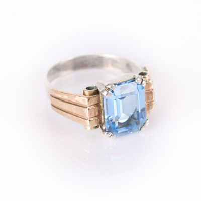 Bague en argent et or type tank ornée d'une aiguemarine tail… - Photo 1