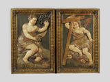 two paintings of jesus carrying the cross and a woman carrying the cross