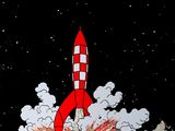 une image représentant une fusée de dessin animé s'élançant dans le ciel