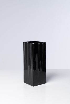 le vase noir est posé sur une surface blanche, avec un fond blanc