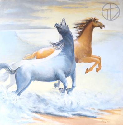 painting of two horses running in the water with a peace sign in the background