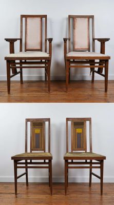 three pictures of a set of four wooden chairs with upholstered seats