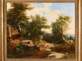 un tableau représentant un paysage boisé avec un ruisseau et un homme assis sur un rocher