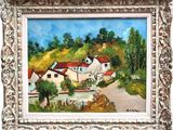 an oil painting of a house on a hill with trees in the background