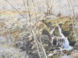a painting of a waterfall in a wooded area