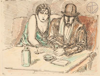 a drawing of a man and a woman sitting at a table