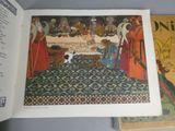 an open book with a picture of a table and a cat on it