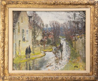 an image of a painting of people walking down a street in the rain