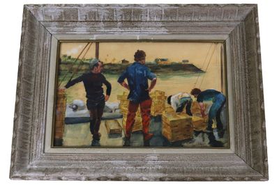 tableau représentant un groupe d'hommes travaillant sur un bateau à l'eau