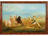 une peinture à l'huile représentant un groupe d'hommes à cheval dans un champ