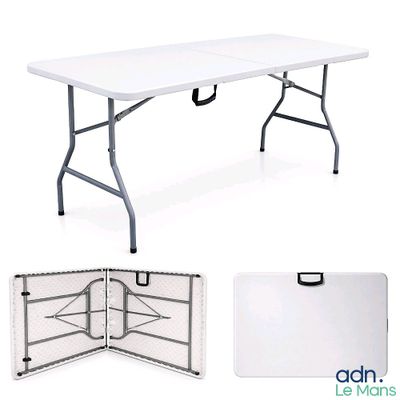 table pliante en plastique blanc avec des pieds en métal et un plateau rabattable