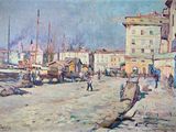 a painting of a street scene with a horse and buggy