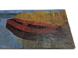 a painting of a red boat on the water
