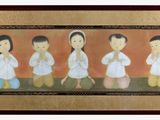 a picture of a painting of three children in a row