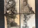 four old black and white photos of a street with people walking down it