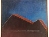 une peinture représentant un bâtiment rouge et noir avec un ciel bleu en arrière-plan