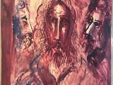 painting of a man with a beard and a cross on a wall