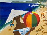 tableau représentant une femme tenant un ballon de plage face à l'océan