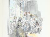 a drawing of a group of people standing in a room