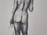 a black and white drawing of a woman standing with her back to the camera