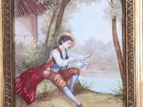 painting of a woman reading a book by a river