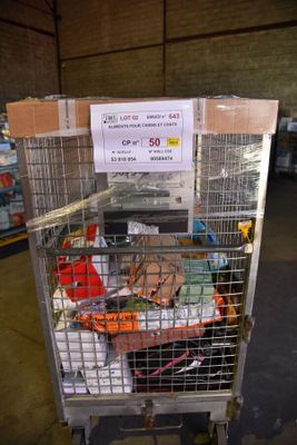 a shopping cart with many items in it in a warehouse